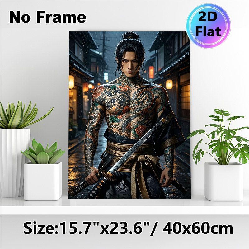 Japanese Samurai Painting Poster, Mysterious Dark Rainy Ancient Alley Scene Poster, Vivid Tattooed Warrior With Katana Design, Ideal For Home And_maomaolike.com