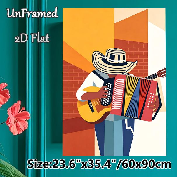 Musician Themed Painting Poster, Vibrant Geometric Style Poster, Colorful Artwork Of A Musician Playing Accordion And Guitar, Stylish Decor Ideal For_maomaolike.com