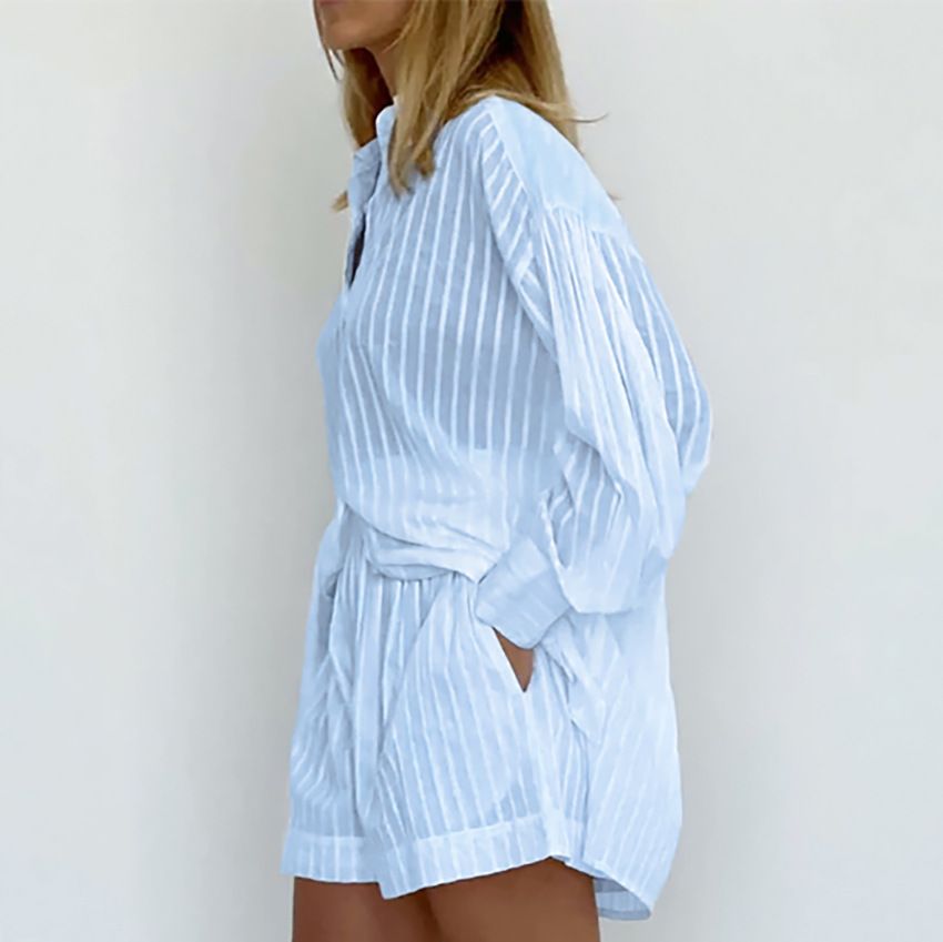 Women's Clothing temperament shirt jacquard striped puff sleeve shorts commuting design casual suit_maomaolike.com