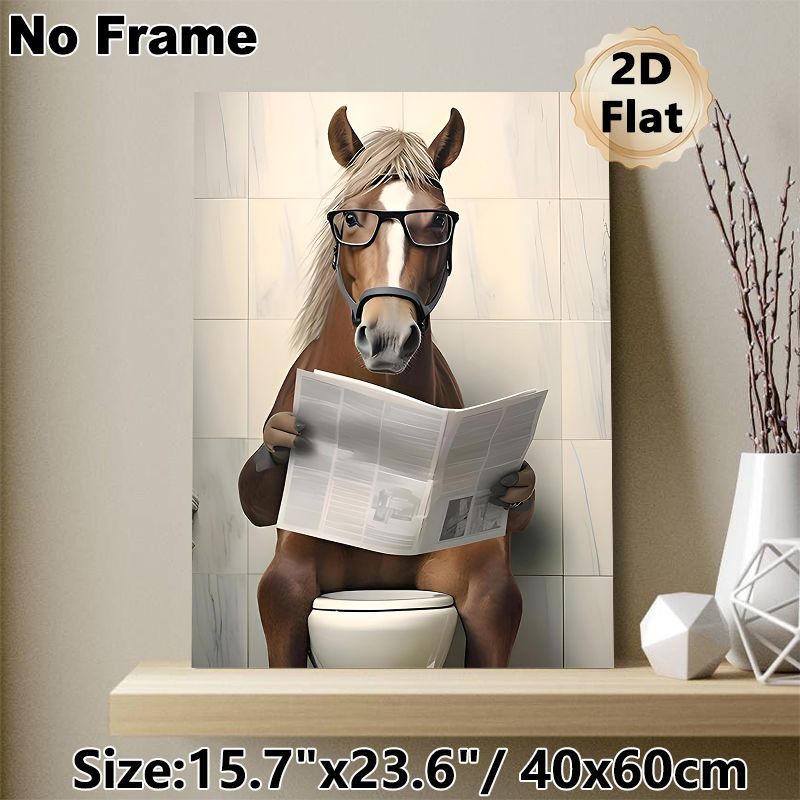 Funny Horse On Toilet Painting Poster, Whimsical Cartoon-style Poster, Humorous Quirky Design With Horse Wearing Glasses Reading Newspaper, Ideal For_maomaolike.com