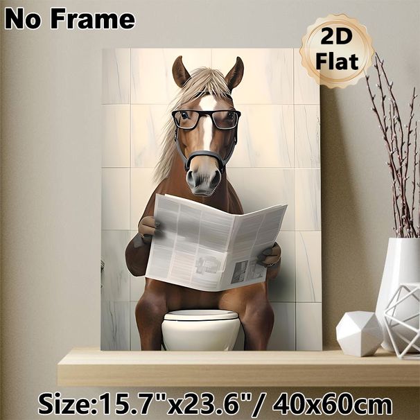 Funny Horse On Toilet Painting Poster, Whimsical Cartoon-style Poster, Humorous Quirky Design With Horse Wearing Glasses Reading Newspaper, Ideal For_maomaolike.com