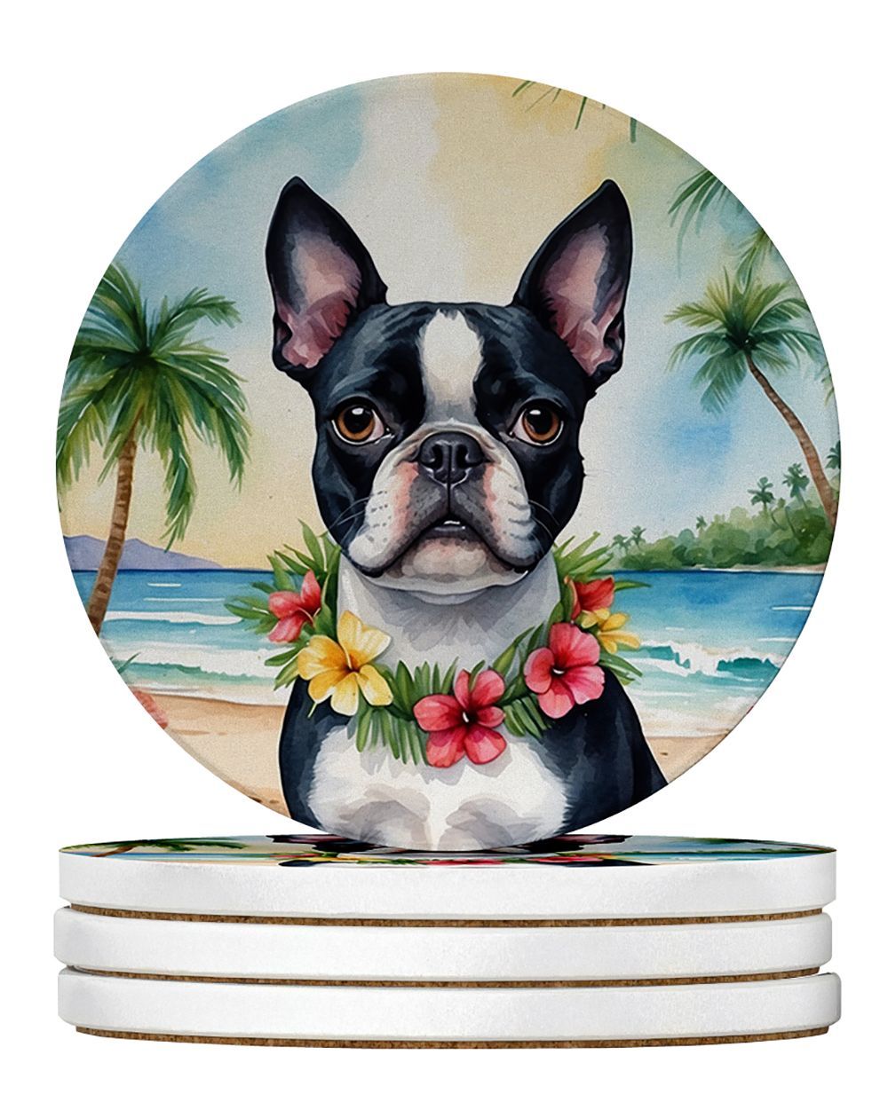 Boston Terrier Luau Large Sandstone Coasters Pack Of 4 Absorbent Round Coasters Decor Gifts For Men Or Women, 4 In, Multicolor_maomaolike.com