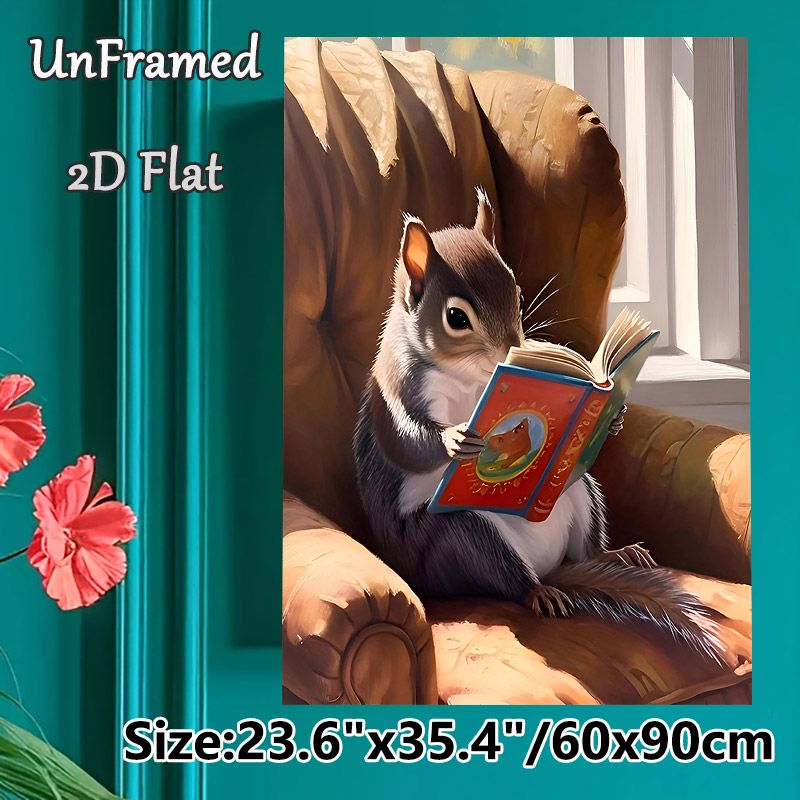 Reading Squirrel On Armchair Painting Poster, Warm-toned Whimsical Animal Illustration Poster, Cozy Heartwarming Decor Ideal For Living Room, Reading_maomaolike.com