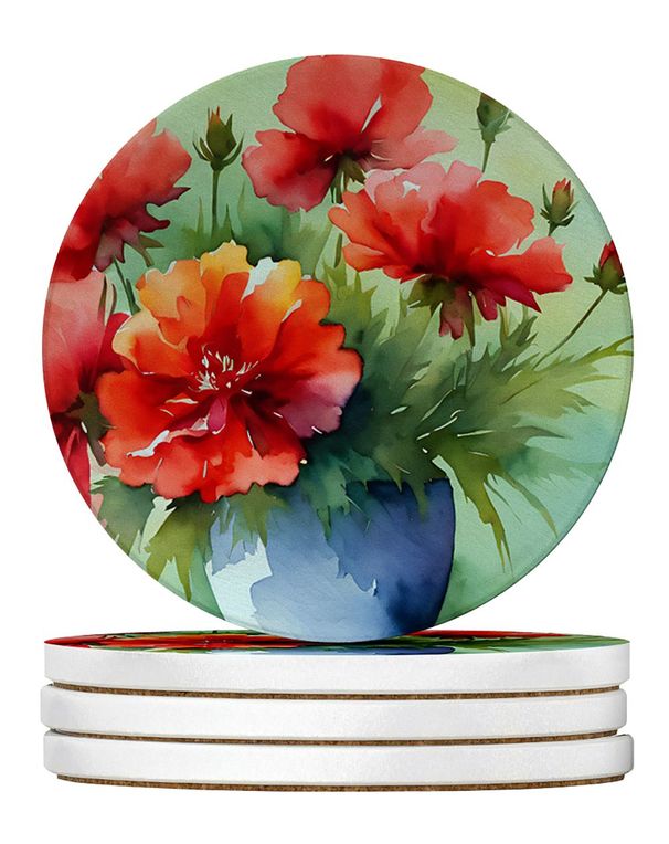 Ohio Scarlet Carnations In Watercolor Large Sandstone Coasters Pack Of 4 Absorbent Round Coasters Decor Gifts For Men Or Women, 4 In, Multicolor_maomaolike.com