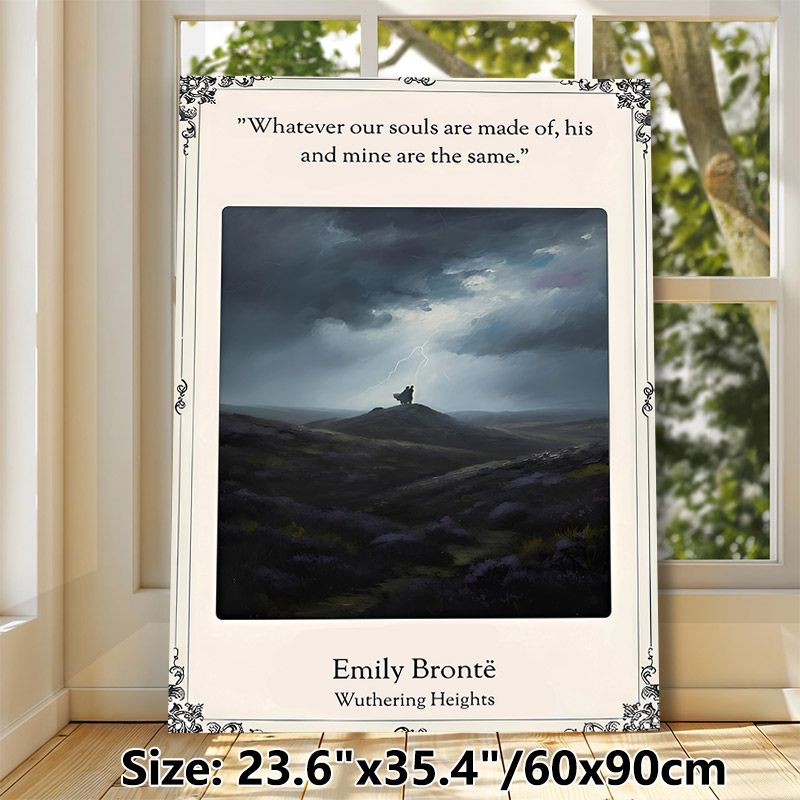 Wuthering Heights Literary Quote Painting Poster, Vintage Dramatic Moorland Scene With Lightning & Couple Silhouette Poster, Elegant Literary Decor_maomaolike.com