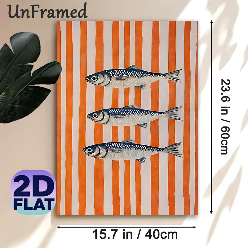 Sardine Themed Painting Poster, Realistic Sardines On Vibrant Orange Vertical Stripes Poster, Elegant Marine-inspired Decor Ideal For Kitchen And_maomaolike.com