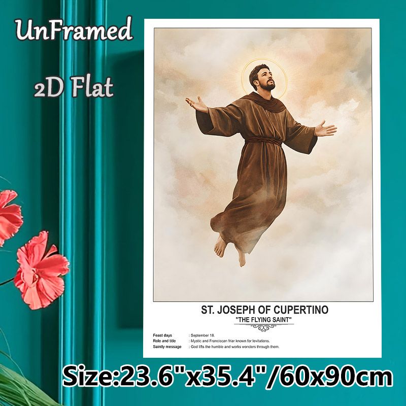 St. Joseph Of Cupertino Painting Poster, Soft Watercolor-style Levitating Saint With Glowing Halo Poster, Inspirational Religious Decor Ideal For_maomaolike.com