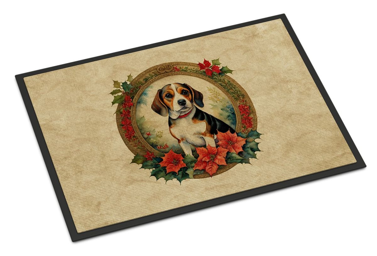 Beagle Christmas Flowers Doormat Front Door Mat Indoor Outdoor Rugs For Entryway, Non Slip Washable Low Pile, 24H X 36W_maomaolike.com