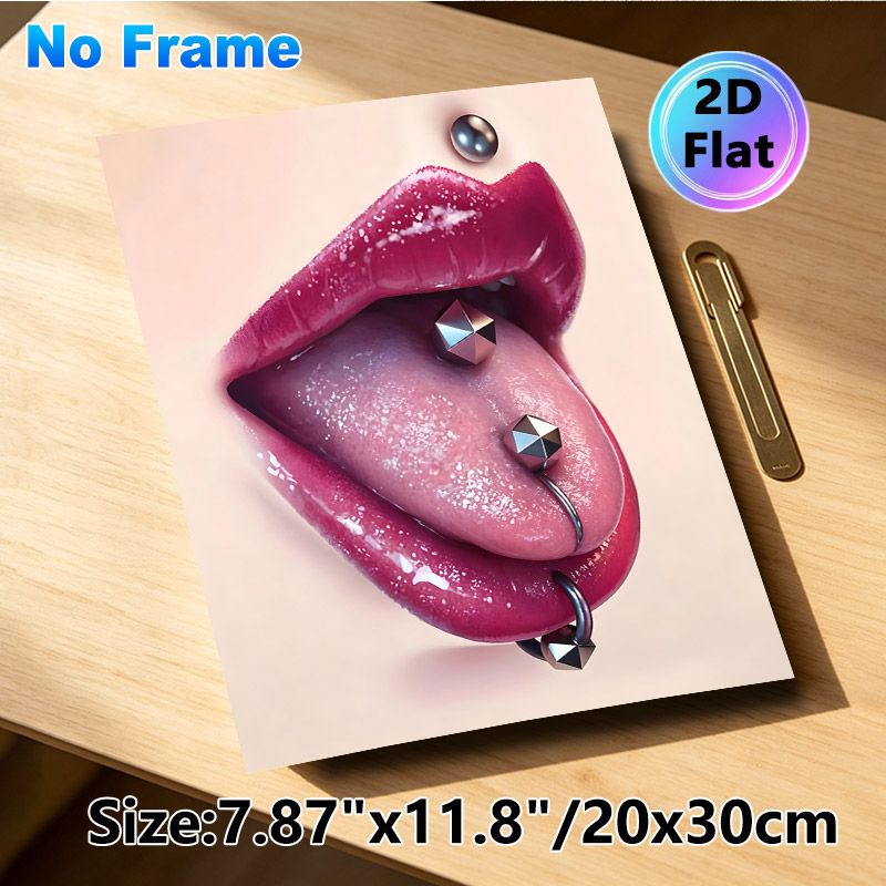 Pierced Lips & Tongue Painting Poster, Glossy Realistic Vibrant Lips With Metallic Piercings Poster, Eye-catching Edgy Decor Idea For Bedroom, Studio_maomaolike.com