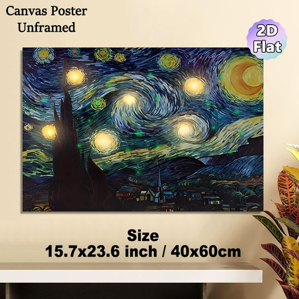 Starry Night Themed Painting Poster, Swirling Impressionist Night Sky & Village Scene Poster, Vibrant Artistic Decor For Living Room, Bedroom And Art_maomaolike.com