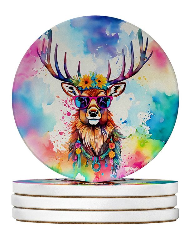 Hippie Animal Stag Deer Large Sandstone Coasters Pack Of 4 Absorbent Round Coasters Decor Gifts For Men Or Women, 4 In, Multicolor_maomaolike.com
