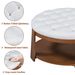 Modern Large Round Ottoman Coffee Table 2-Tier Oversized Button Tufted Ottoman With Wood Shelf Storage Upholstered Coffee Table For Living Room Footrest Ottoman With Wheel, Waterproof Linen_maomaolike.com