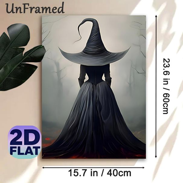 Witch Themed Painting Poster, Mysterious Dark-toned Witch Back View In Foggy Woods Poster, Builds Spooky Atmosphere, Ideal For Home And_maomaolike.com