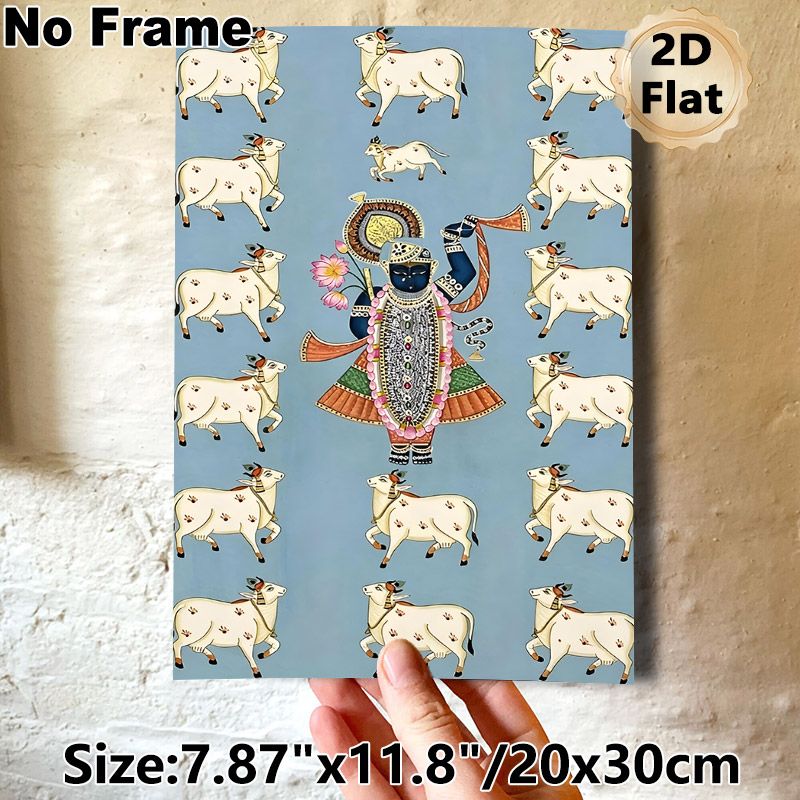Shrinathji With Sacred Cows Painting Poster, Exquisite Traditional Indian Folk Art Poster, Cultural Decorative Piece Ideal For Home, Prayer Room_maomaolike.com