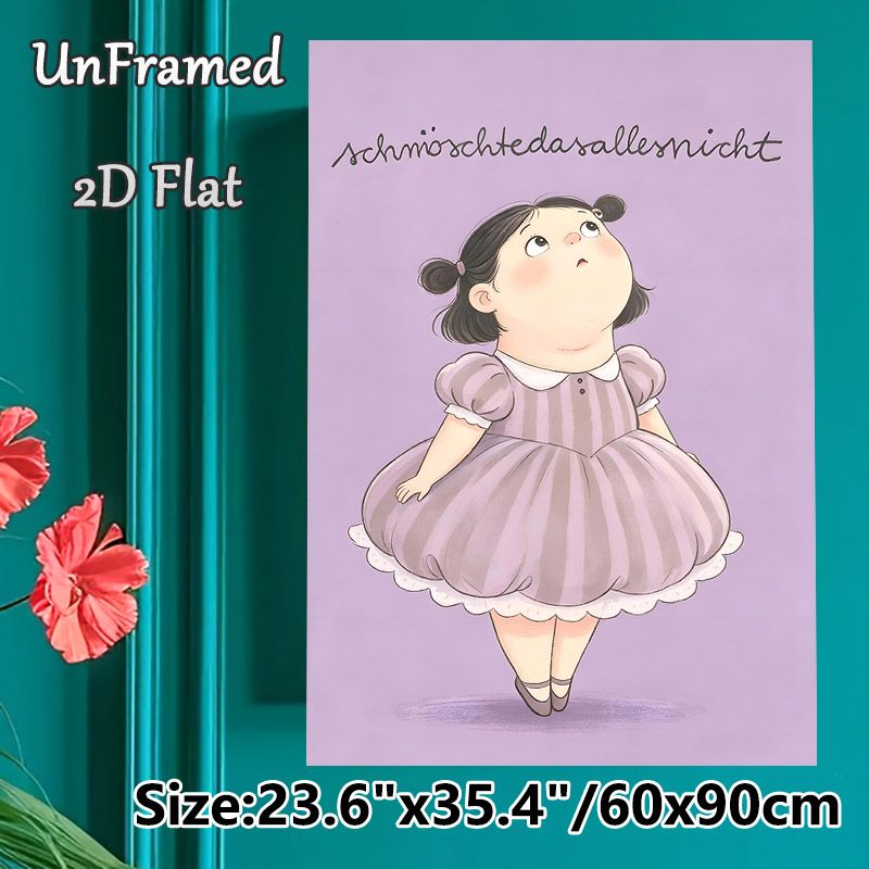 Cute Chubby Cartoon Girl Painting Poster, Soft Purple-toned Whimsical Poster, Warm Playful Artwork Of Girl In Striped Dress, Ideal Decor For Bedroom_maomaolike.com
