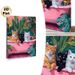 Bath Cats Painting Poster, Vibrant Whimsical Tropical Style Poster, Playful Design With Three Cute Cats In Pink Bathtub Surrounded By Lush Green_maomaolike.com