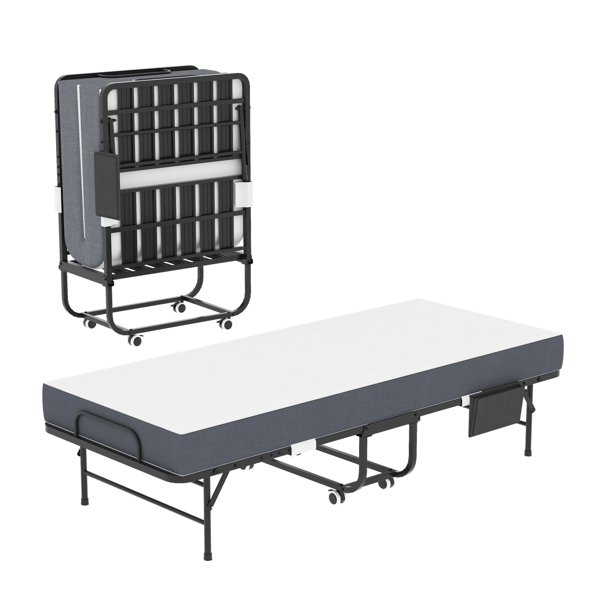 75 Inch Folding Bed With 5 Memory Foam Mattress, Space Saving Rollaway Guest Bed, Heavy-Duty Metal Frame On Wheels, Portable Twin Bed For Adults & Guests_maomaolike.com