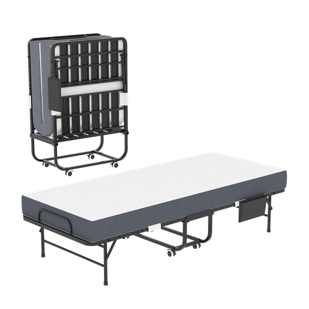 75 Inch Folding Bed With 5 Memory Foam Mattress, Space Saving Rollaway Guest Bed, Heavy-Duty Metal Frame On Wheels, Portable Twin Bed For Adults & Guests_maomaolike.com