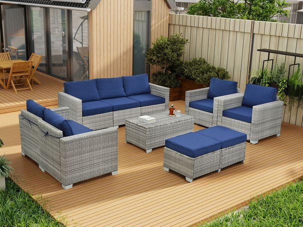 10 Piece PE Rattan Patio Furniture Set, Sectional Sofa Set, Outdoor Patio Furniture Set With Cushions & Tempered Glass Coffee Table_maomaolike.com