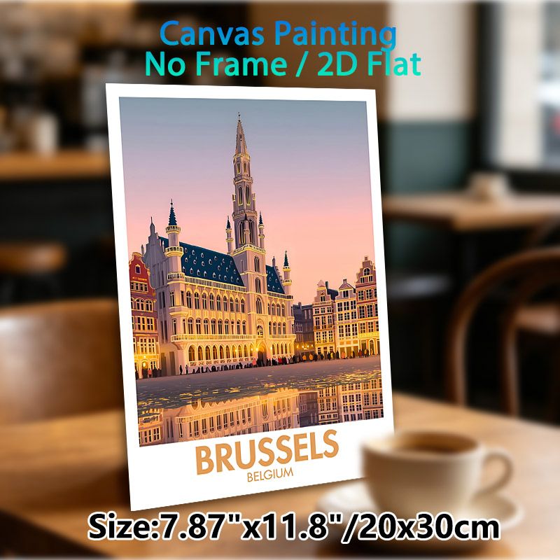 Brussels Cityscape Painting Poster, Warm-toned Retro Travel-style Poster, Beautiful Historic Square Sunset Scene With Water Reflection, Suitable For_maomaolike.com