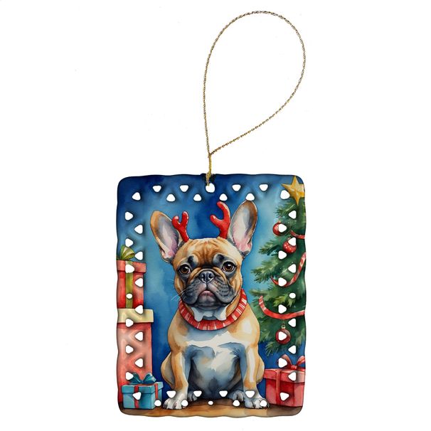 French Bulldog Christmas Reindeer Porcelain Ornament Christmas Tree Hanging Decorations For Home Christmas Holiday, Rectangle, Gift, Multicolor_maomaolike.com