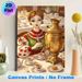 Traditional Tea Party Folk Lady Painting Poster, Vibrant Whimsical Illustrated Poster, Folk-attired Lady Pouring Tea From Golden Samovar, Warm_maomaolike.com