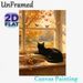 Autumn Window Cat Painting Poster, Warm-toned Idyllic Scene Poster, Cozy Tranquil Autumn View With Black Cat, Falling Leaves And Birds, Ideal For_maomaolike.com