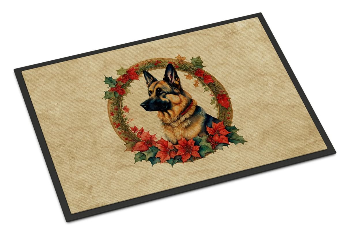 German Shepherd Christmas Flowers Doormat Front Door Mat Indoor Outdoor Rugs For Entryway, Non Slip Washable Low Pile, 24H X 36W_maomaolike.com