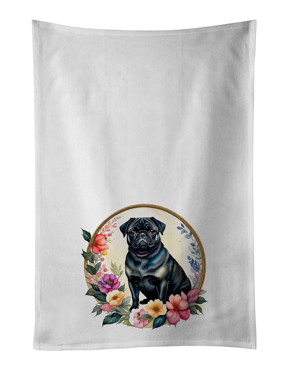Black Pug And Flowers Kitchen Towel Set Of 2 White Dish Towels Decorative Bathroom Hand Towel For Hand, Face, Hair, Yoga, Tea, Dishcloth, 19 X 28", White_maomaolike.com