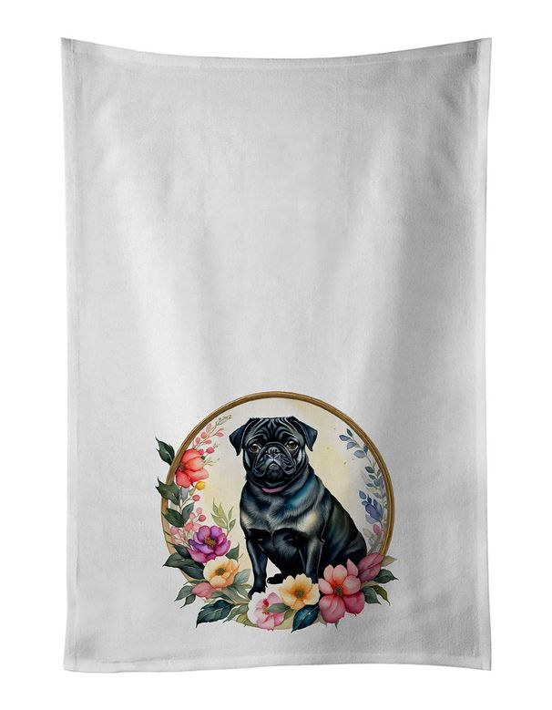 Black Pug And Flowers Kitchen Towel Set Of 2 White Dish Towels Decorative Bathroom Hand Towel For Hand, Face, Hair, Yoga, Tea, Dishcloth, 19 X 28", White_maomaolike.com