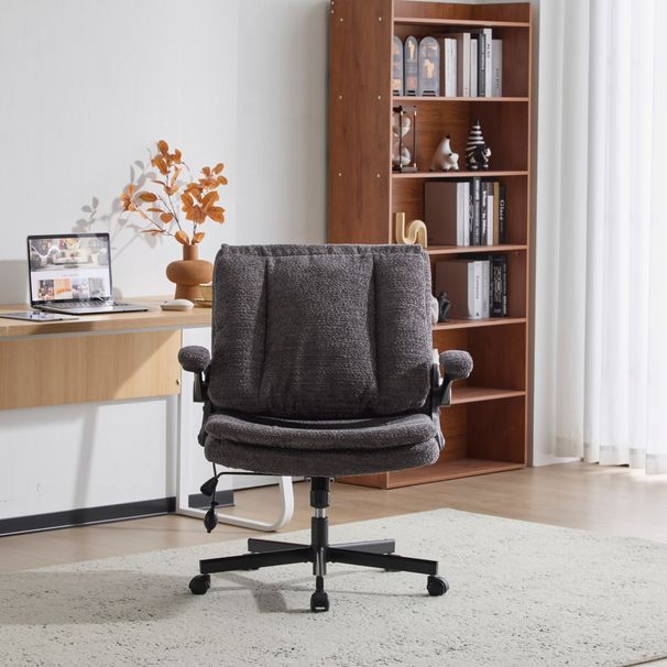 Criss Cross Legged Office Chair With Flip-Up Back Built-In Dynamic Airbag Lumbar Support, Wide Seat Desk Chair With Flip-Up Arms And Wheels, Modern Cross-Leg Chair For Home Office, Vanity, Gray_maomaolike.com
