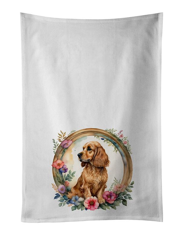 English Cocker Spaniel And Flowers Kitchen Towel Set Of 2 White Dish Towels Decorative Bathroom Hand Towel For Hand, Face, Hair, Yoga, Tea, Dishcloth, 19 X 28", White_maomaolike.com