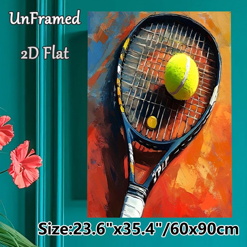 Tennis Themed Painting Poster, Bold Impasto-style Tennis Racket & Ball Poster, Vibrant Sports-themed Decor Ideal For Game Rooms, Sports Clubs And_maomaolike.com