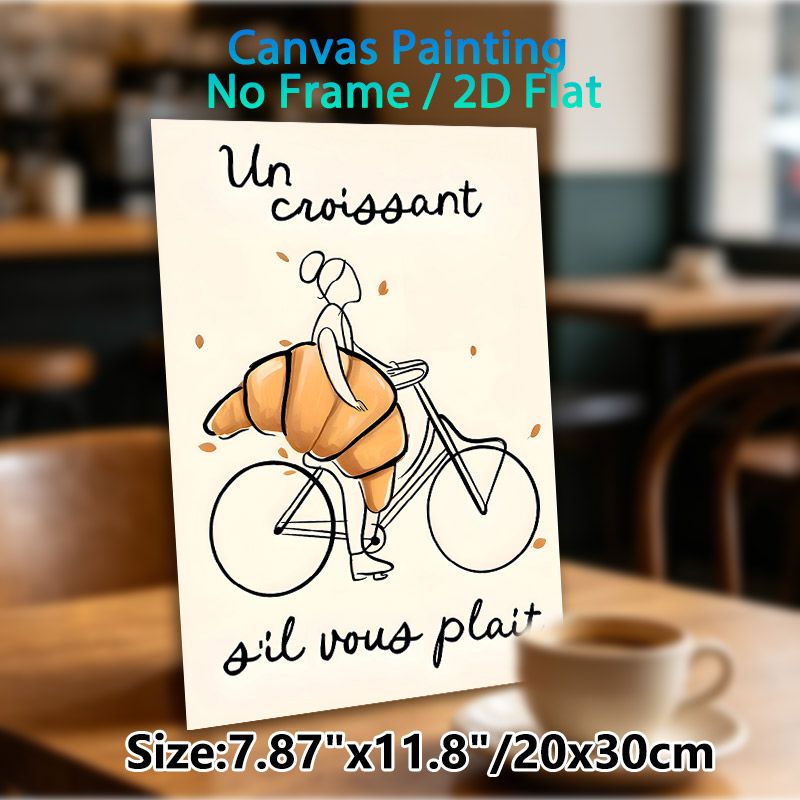 Croissant & Bicycle Themed Painting Poster, Whimsical Minimalist Line Art Poster, Playful Design With French Text And Oversized Croissant_maomaolike.com