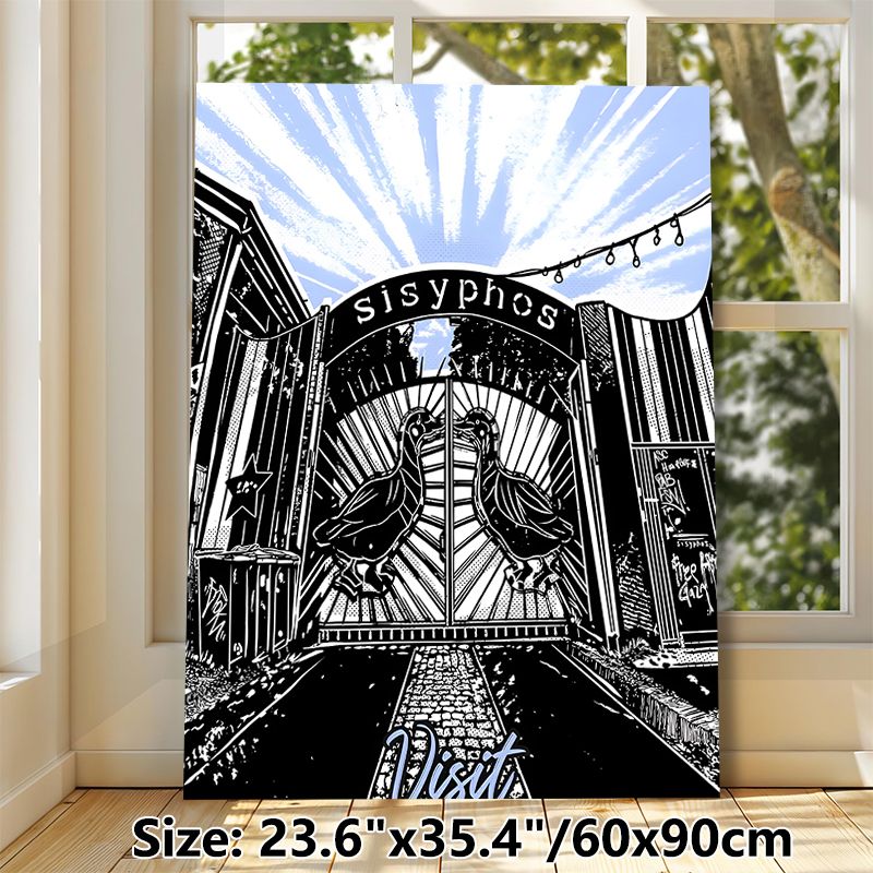 Sisyphos Gate Painting Poster, Monochrome Linocut Style Poster, Stylized Gate With Duck Motifs & Urban Graffiti Details, Striking Art Ideal For Home_maomaolike.com