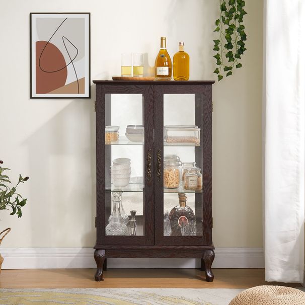 2 Doors Curio Cabinet With Tempered Glass Doors, Curio Cabinets With Mirrored Back Panel And Adjustable Shelves, Lighted Display Cabinet For Home, Office Light Bulb Included Cherry_maomaolike.com