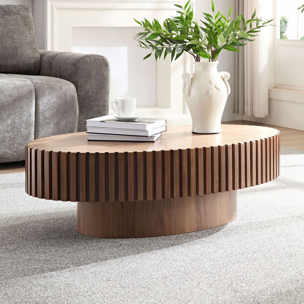 Modern Handcraft Drum Coffee Table Length 43.7 Inch Ellipse Coffee Table For Living Room,Oval Small Coffee Table With Sturdy Pedestal_maomaolike.com