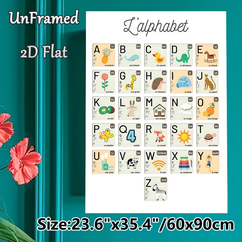 French Alphabet Painting Poster, Cute Cartoon Style Illustrated French Alphabet Poster, With Phonetics & Matching Objects, Aids French Language_maomaolike.com