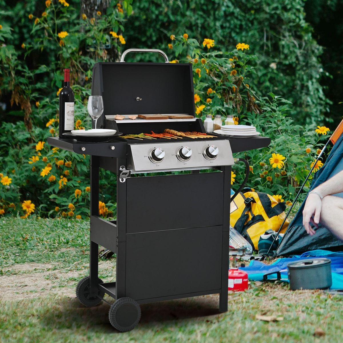 Propane Gas Grill 3 Burner Barbecue Grill, Stainless Steel 26,000 BTU Patio Garden Barbecue Grill With Two Shelves, Lid, Wheels And Bottle Opener_maomaolike.com