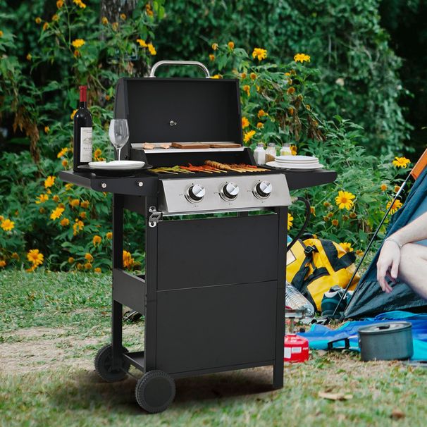 Propane Gas Grill 3 Burner Barbecue Grill, Stainless Steel 26,000 BTU Patio Garden Barbecue Grill With Two Shelves, Lid, Wheels And Bottle Opener_maomaolike.com