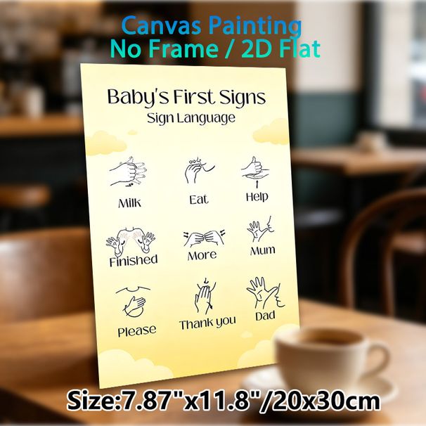 Baby's First Sign Language Painting Poster, Soft Yellow Minimalist Line Art Poster, Clear Basic Hand Gesture Guide To Aid Communication, Suitable For_maomaolike.com