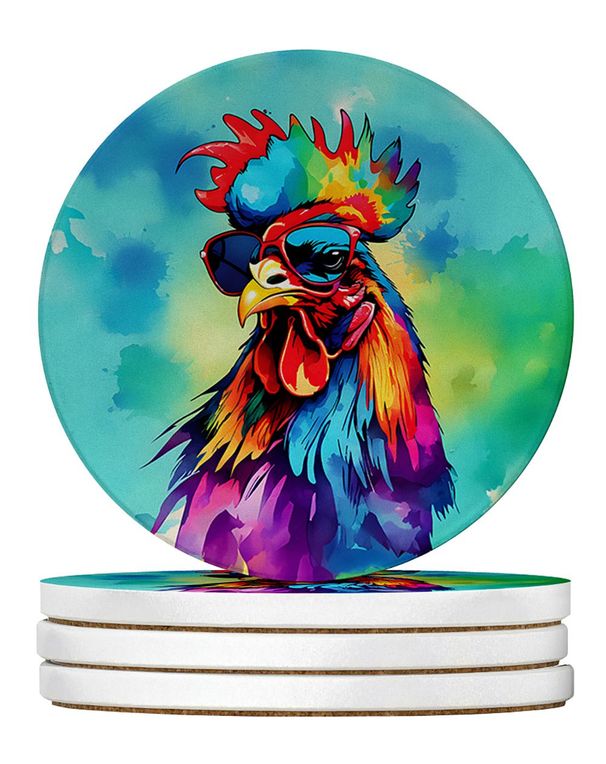 Hippie Animal Rooster Large Sandstone Coasters Pack Of 4 Absorbent Round Coasters Decor Gifts For Men Or Women, 4 In, Multicolor_maomaolike.com
