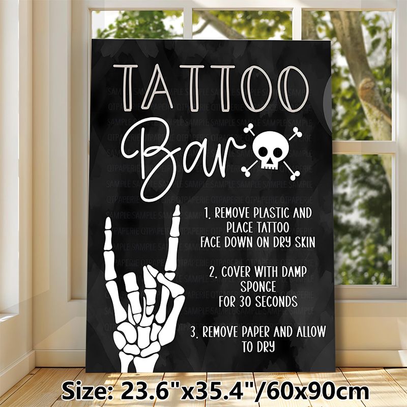 Tattoo Bar Themed Painting Poster, Dark Watercolor Style Skull & Skeleton Hand Poster, With Clear Tattoo Application Steps, Ideal For Party, Tattoo_maomaolike.com