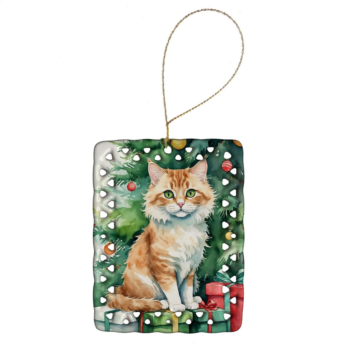 Skookum Cat By The Christmas Tree Porcelain Ornament Christmas Tree Hanging Decorations For Home Christmas Holiday, Rectangle, Gift, Multicolor_maomaolike.com