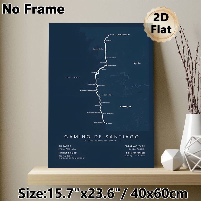 Camino De Santiago Coastal Route Painting Poster, Sleek Dark Blue Map Poster, Clear Hiking Route & Essential Data Display, Ideal For Home Wall Decor_maomaolike.com