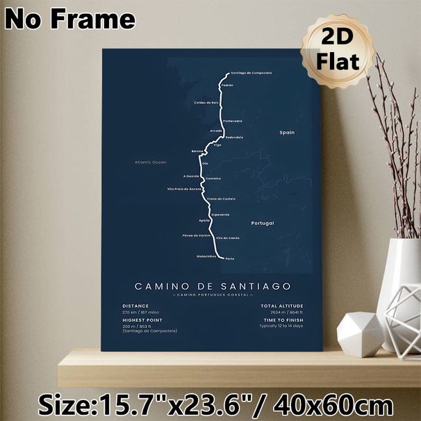 Camino De Santiago Coastal Route Painting Poster, Sleek Dark Blue Map Poster, Clear Hiking Route & Essential Data Display, Ideal For Home Wall Decor_maomaolike.com