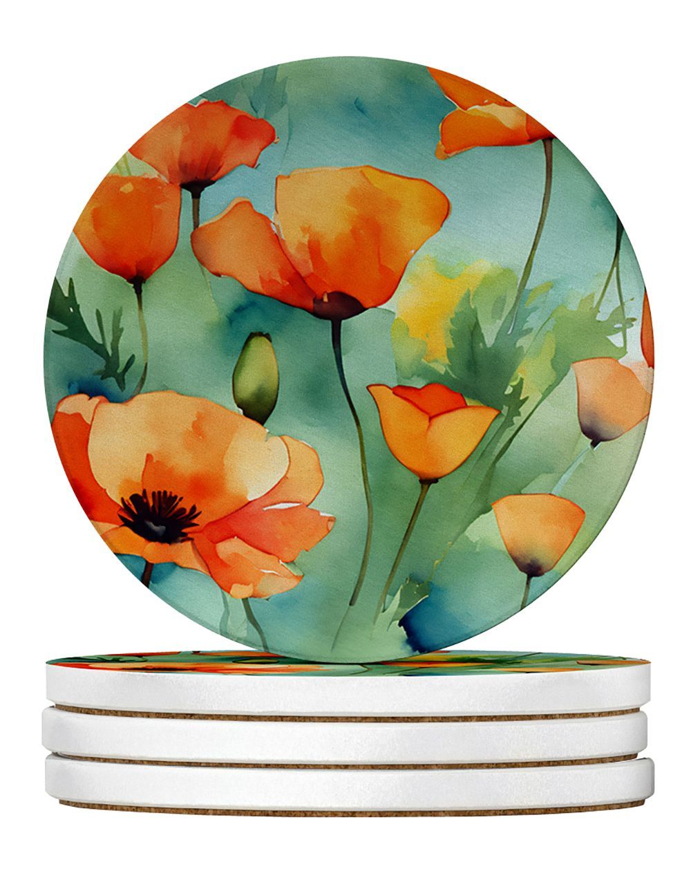 California California Poppies In Watercolor Large Sandstone Coasters Pack Of 4 Absorbent Round Coasters Decor Gifts For Men Or Women, 4 In, Multicolor_maomaolike.com