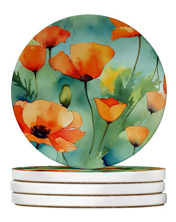 California California Poppies In Watercolor Large Sandstone Coasters Pack Of 4 Absorbent Round Coasters Decor Gifts For Men Or Women, 4 In, Multicolor_maomaolike.com