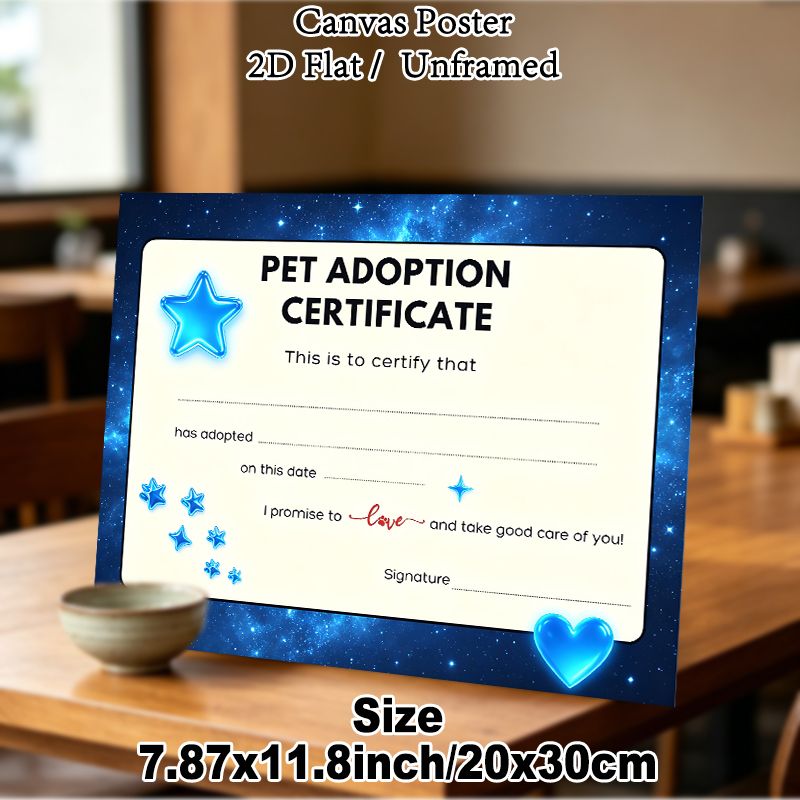 Pet Adoption Certificate Painting Poster, Starry Blue Decorative Certificate-style Poster, Warm Formal Document For Pet Adoption Records, Ideal For_maomaolike.com