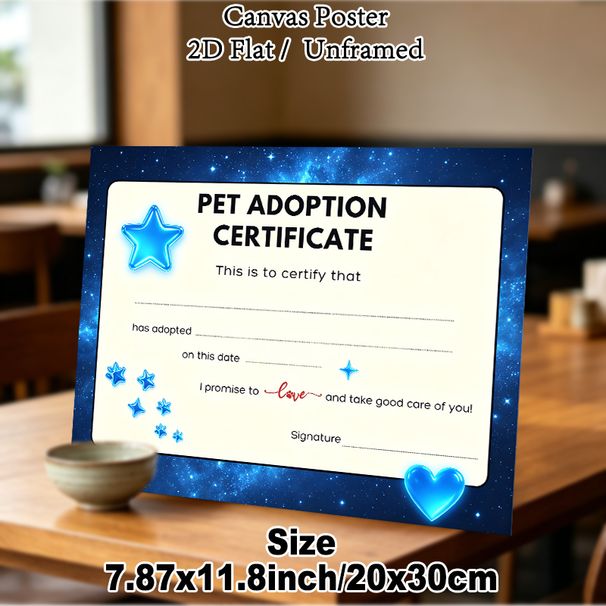 Pet Adoption Certificate Painting Poster, Starry Blue Decorative Certificate-style Poster, Warm Formal Document For Pet Adoption Records, Ideal For_maomaolike.com